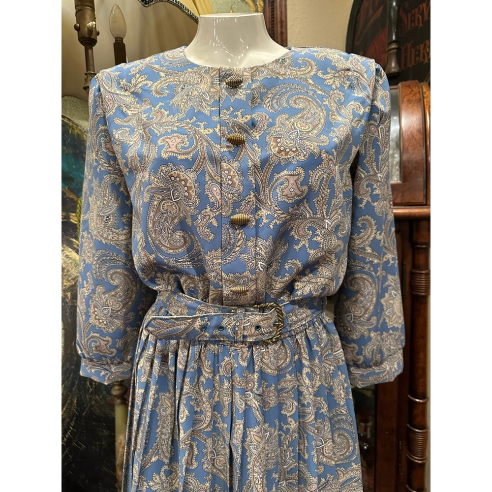Vintage Breli Originals Paisley Pleated Midi Dress 10 Blue Cottagecore 80s USA - Picture 4 of 12